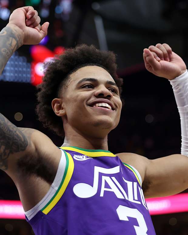 Nov 27, 2023; Salt Lake City, Utah, USA; Utah Jazz guard Keyonte George (3) celebrates a victory over the New Orleans Pelicans at Delta Center.